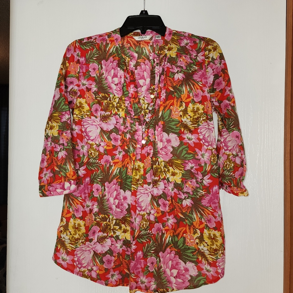 Liz Claiborne Pink Red Floral Buttoned Blouse with Mandarin Collar Size 4